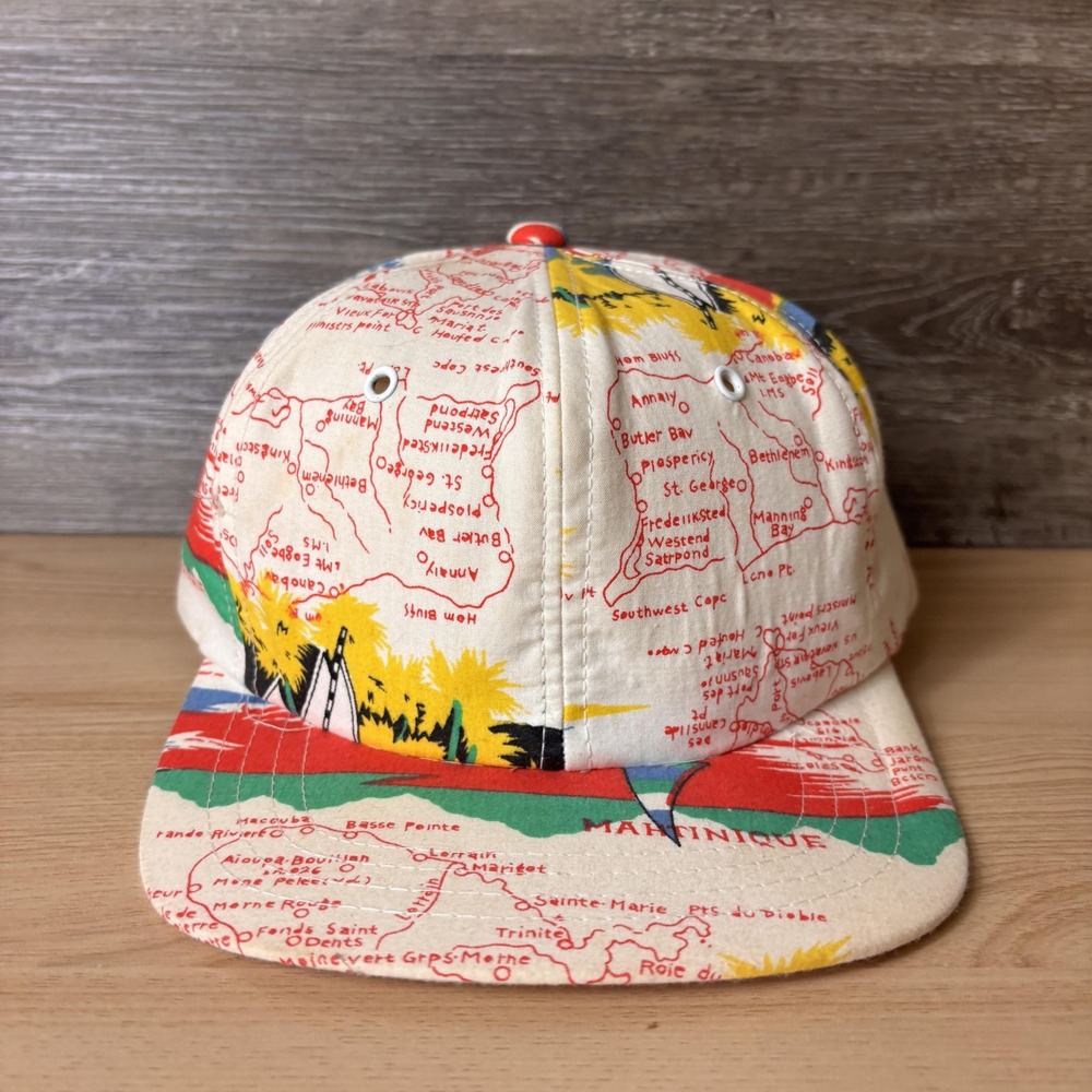 VINTAGE Martinique Hat Cap Snap Back Cream Multi Caribbean Map Print Mens 90s